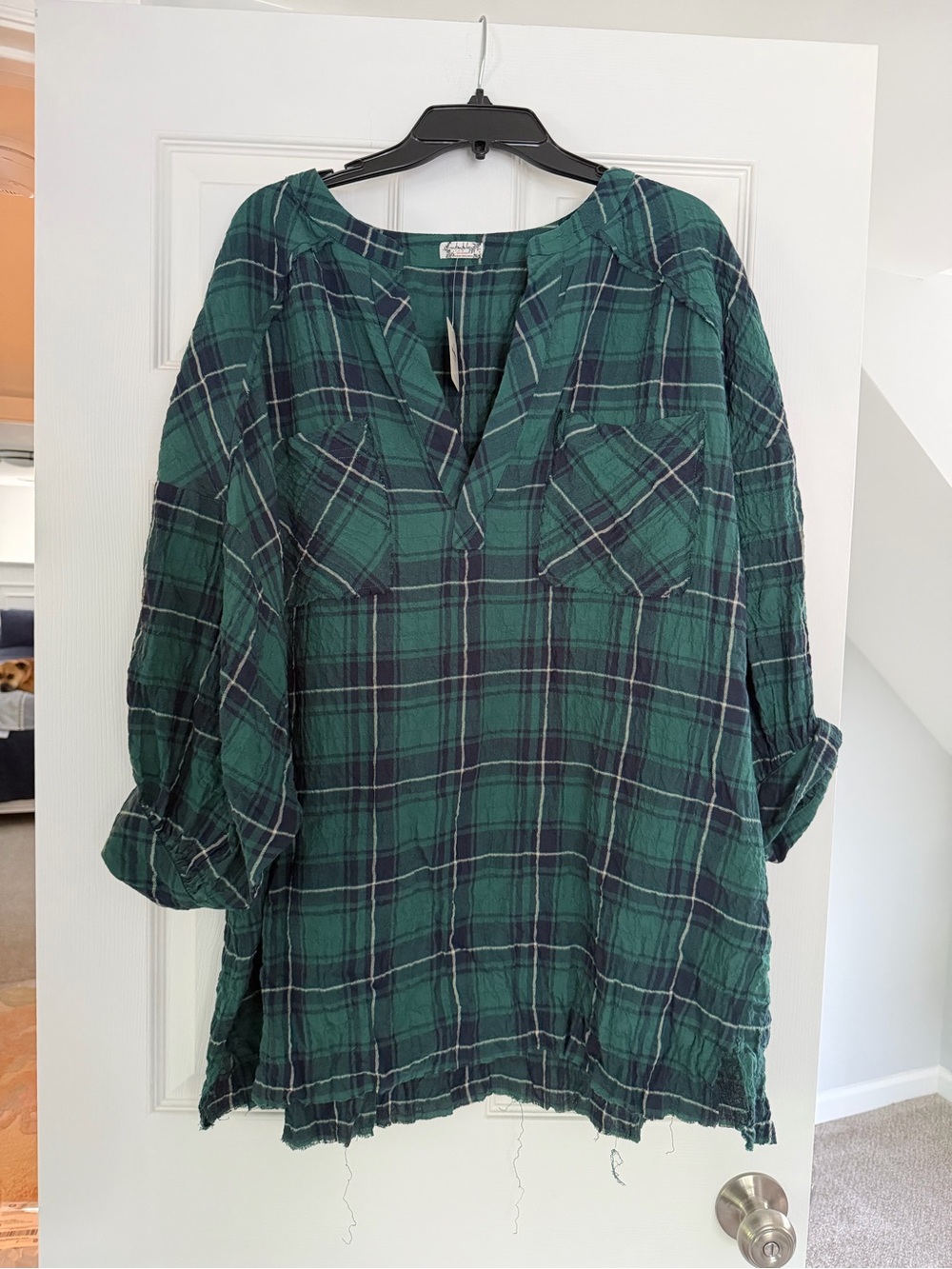 Free People Distressed Oversized Green Plaid Women's Tunic Top